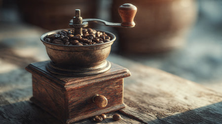 Coffee grinder with coffee beans on a wooden table.の写真素材