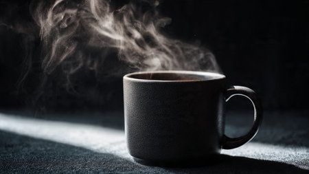 Coffee cup in dark room with smoke coming out of the cupの写真素材