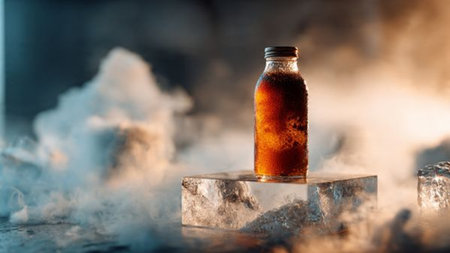 Cold drink in a glass bottle with ice cubes on a dark backgroundの写真素材