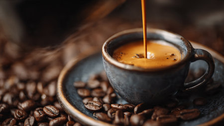 Coffee in a cup and coffee beans on a dark backgroundの写真素材