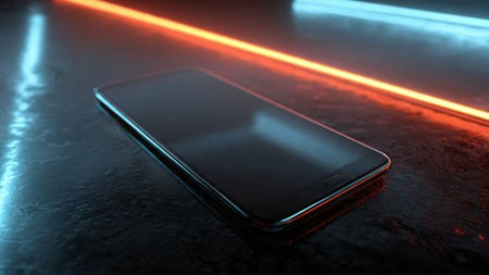 Smartphone with neon light on the floor. 3d rendering.の写真素材