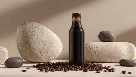 Bottle of black coffee with coffee beans and pebbles on beige backgroundの写真素材