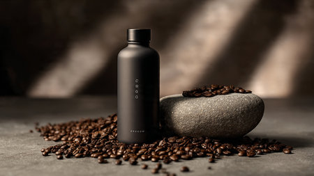 Coffee beans and a black bottle on a gray backgroundの写真素材