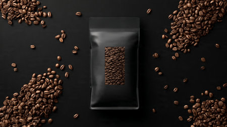 Coffee beans in a package on a black background. 3d renderingの写真素材