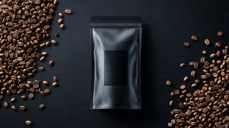 Coffee beans in a black package on a black background.の写真素材
