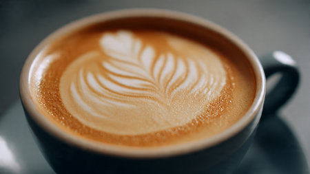 Cup of coffee with latte art on the black background.の写真素材