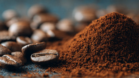 Coffee beans and ground coffee on a blue wooden background.の写真素材