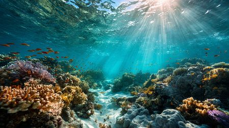Underwater view of a tropical coral reef with fishes and sunbeamsの写真素材