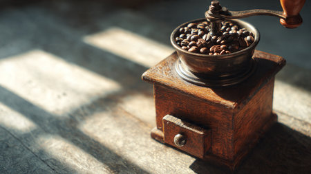 Coffee grinder with coffee beans on a wooden table.の写真素材
