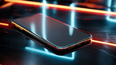 smartphone on a dark background with red neon lights. 3d renderingの写真素材