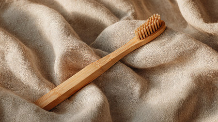 Wooden toothbrush on linen cloth, closeup. Dental careの写真素材