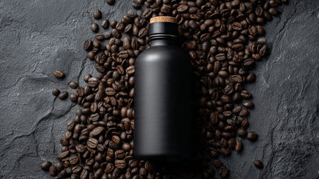 Mockup of a black bottle with coffee beans on a dark backgroundの写真素材