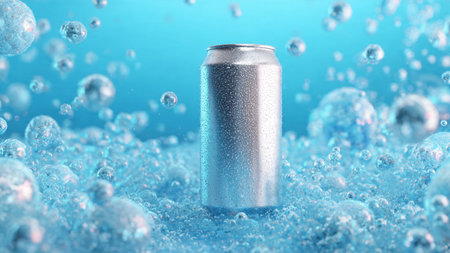 Aluminum soda can in water with bubbles on blue background. 3d illustrationの写真素材