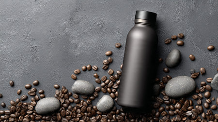Bottle of black cosmetic product with coffee beans on grey background, top viewの写真素材