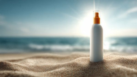 Sunscreen cream bottle on the beach. 3d render illustration.の写真素材