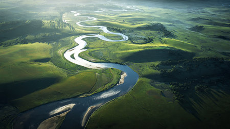 Aerial view of the river in the meadow. Russia.の写真素材