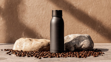 Mockup of a black cosmetic bottle with coffee beans on a stone backgroundの写真素材