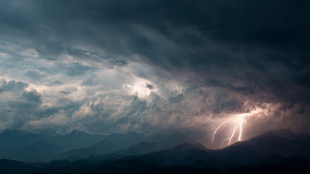 Lightning strike in the mountains. Dramatic stormy sky.の写真素材