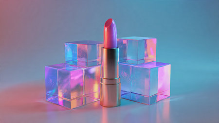 Lipstick and cubes in neon light. 3D rendering.の写真素材