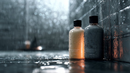 Cosmetic bottles on wet tile background. Shallow depth of fieldの写真素材