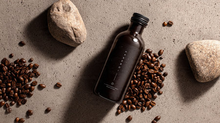 Coffee bottle with coffee beans on stone background, top viewの写真素材