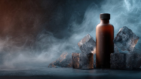 Mock up of brown bottle with ice on black background. 3d renderingの写真素材