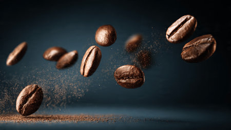 Flying coffee beans on a dark background. Coffee beans flying in the air.の写真素材