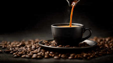 Coffee pouring into a cup with coffee beans on dark backgroundの写真素材