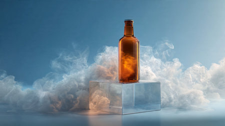 Bottle on a cube in the clouds. 3d renderingの写真素材