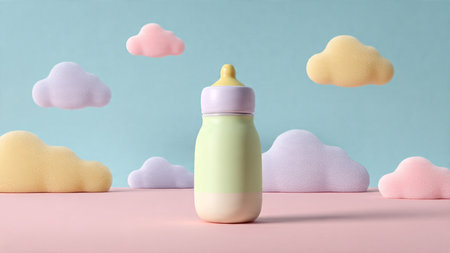 Baby bottle on a pink background with clouds and pastel colors.の写真素材