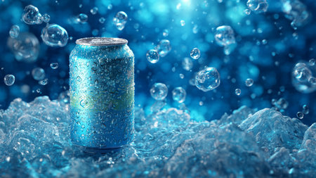 Blue soda can in water with bubbles on blue background 3D renderingの写真素材