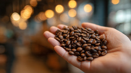 Close up of coffee beans in hand at coffee shop with bokeh backgroundの写真素材