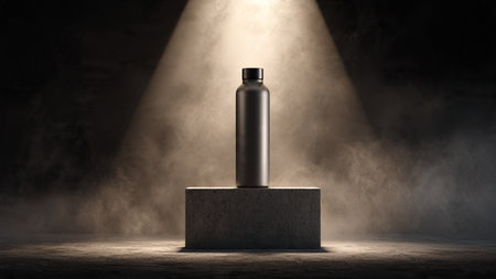 Cosmetic bottle on concrete pedestal in dark room with smoke. 3D renderingの写真素材