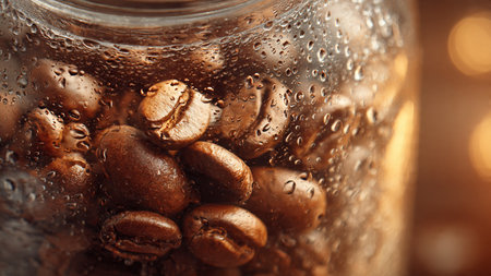 coffee beans in a glass jar, close-up, backgroundの写真素材