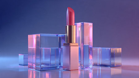 Lipstick on a blue background. 3d rendering, 3d illustration.の写真素材