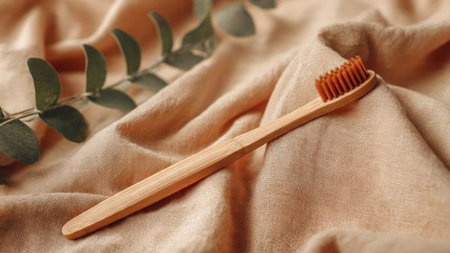 Eco-friendly bamboo toothbrush on a beige background.の写真素材