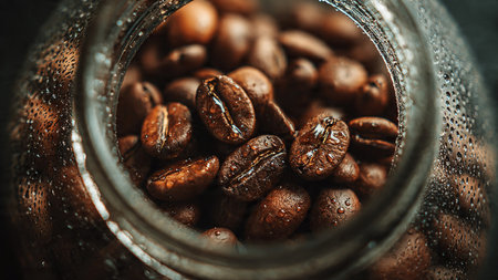 Coffee beans in a glass jar on a dark wooden backgroundの写真素材