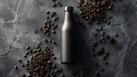 Mockup of black plastic bottle with coffee beans on dark backgroundの写真素材