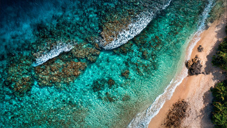 Aerial view of a beautiful tropical beach with turquoise water and rocksの写真素材