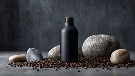 Mockup of black cosmetic bottle and coffee beans on stone backgroundの写真素材