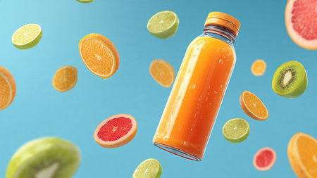 Orange juice in bottle with flying fruits on blue background. 3d renderingの写真素材