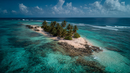 Aerial view of a tropical island with palm trees and coral reefの写真素材