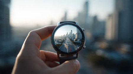 Close-up of a man's hand holding a smart watch with a view of the cityの写真素材