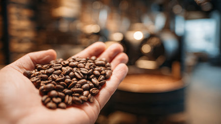 Coffee beans in the hands of a coffee grinder.の写真素材