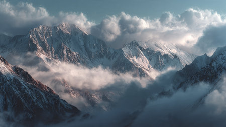 Panoramic view of snow capped mountains in clouds at sunset.の写真素材