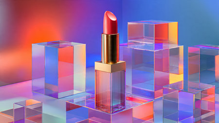 Lipstick on a colorful background. 3D illustration. 3D rendering.の写真素材