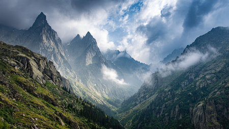 Panoramic view of the mountains in the clouds. Caucasus, Russiaの写真素材