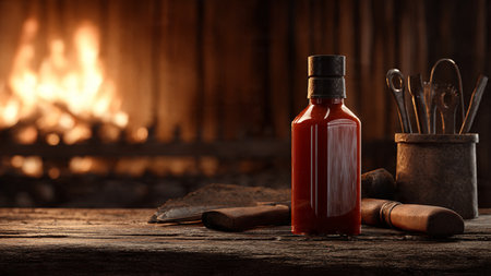 Wooden table with bottle of ketchup on background of burning fireplaceの写真素材