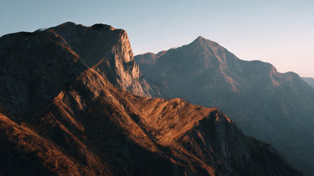 Mountain landscape at sunset. Panoramic view of the mountains.の写真素材