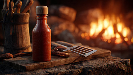 Bottle of ketchup on a wooden table in front of a fireplaceの写真素材